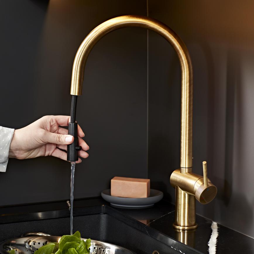 Porlock Brushed Aged Brass Swivel Pull Out Tap In Use
