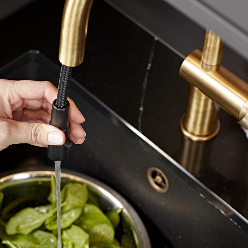 Porlock Brushed Aged Brass Swivel Pull Out Tap Pull Out Function In Use