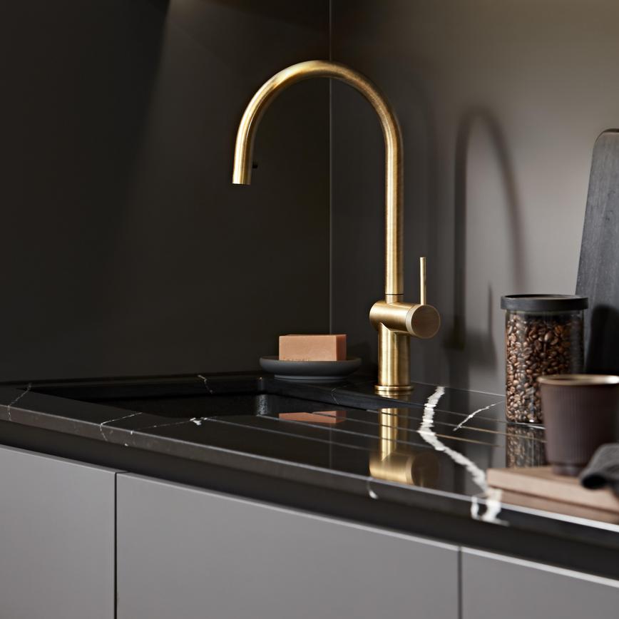 Porlock Brushed Aged Brass Swivel Pull Out Tap in Howdens Kitchen