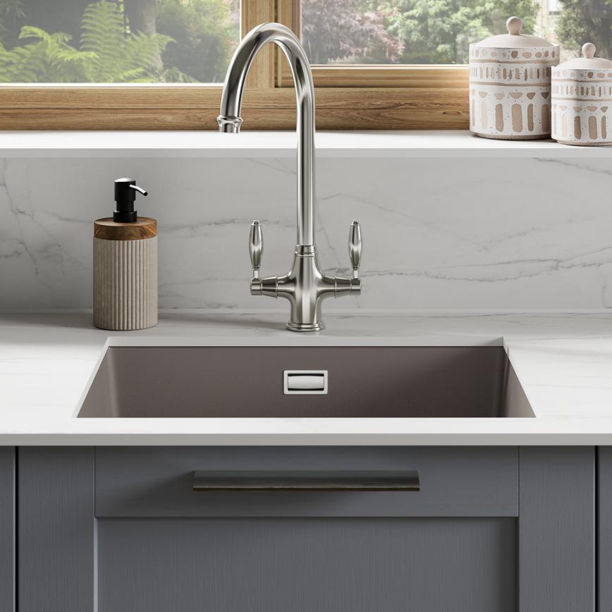 Victorian Brushed Nickel Traditional Kitchen Tap Handles Featuring Halesworth Dusk Blue