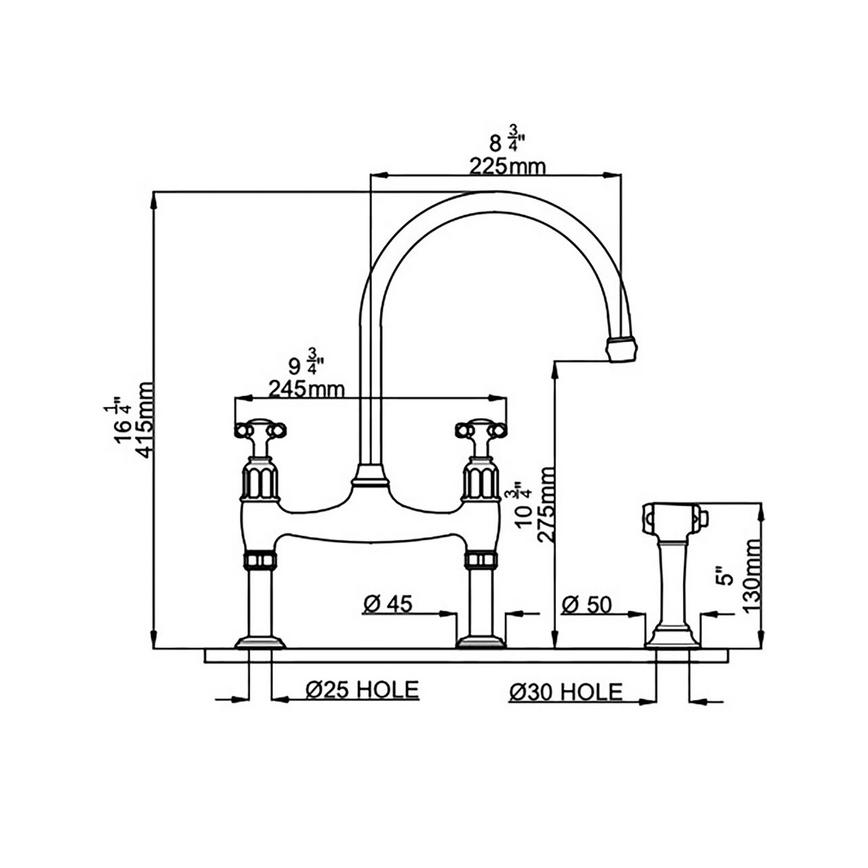 Perrin & Rowe Ionian Polished Chrome Swan Neck Bridge Kitchen Tap Line Drawing