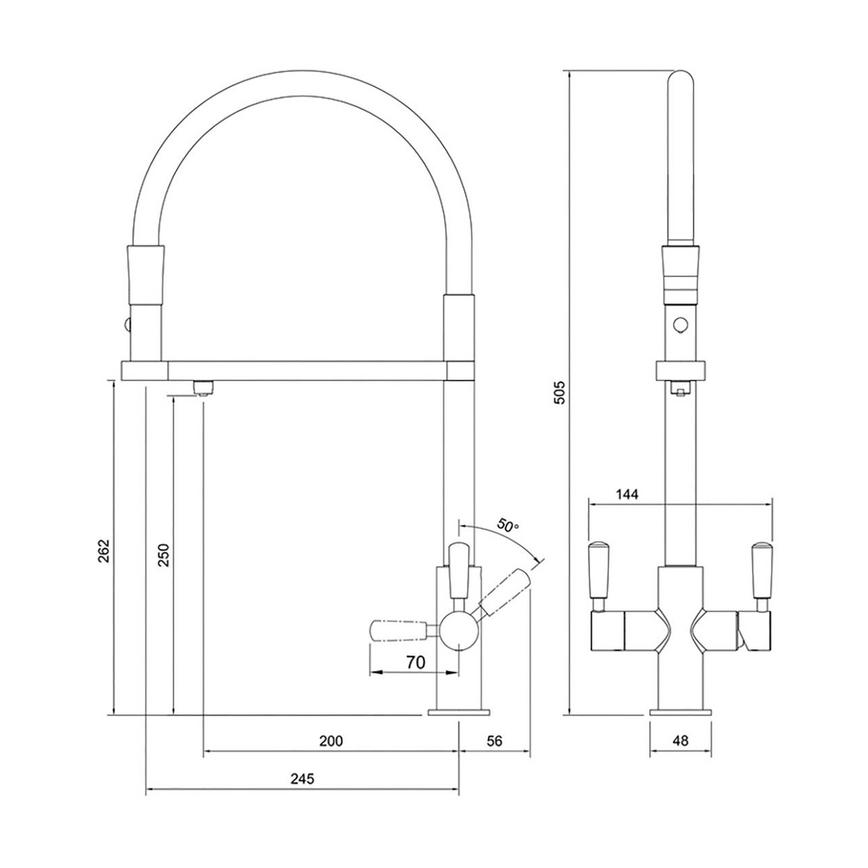 Pronteau Kynance PROBOIL2X Brushed Nickel Swan Neck 3 in 1 Instant Hot Water Kitchen Tap Line Drawing