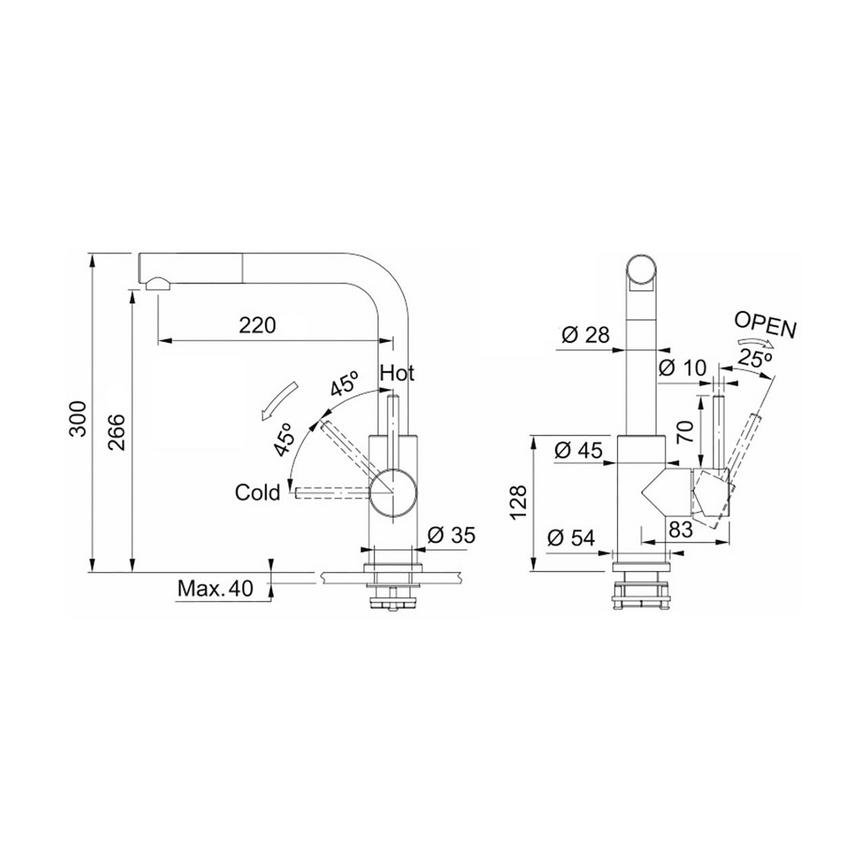 Franke Glenda Satin Stainless Steel Right Angled Pull Out Kitchen Tap Line Drawing