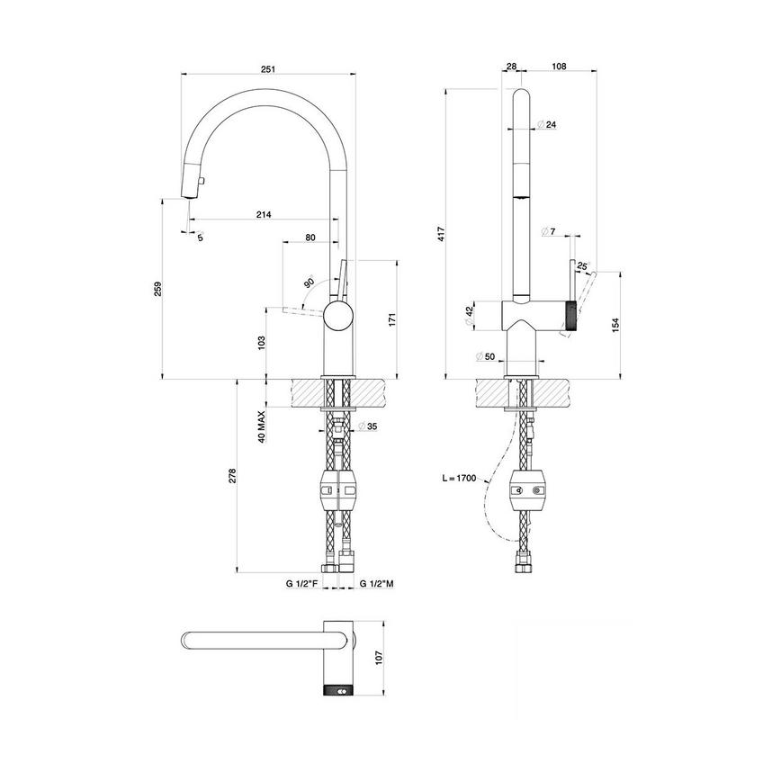 Porlock Aged Brass Pull Out Tap Line Drawing