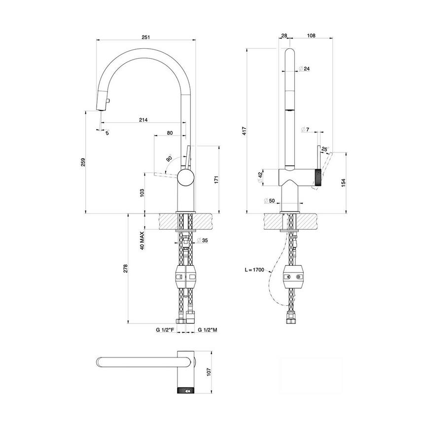 Porlock Gunmetal Pull Out Tap Line Drawing