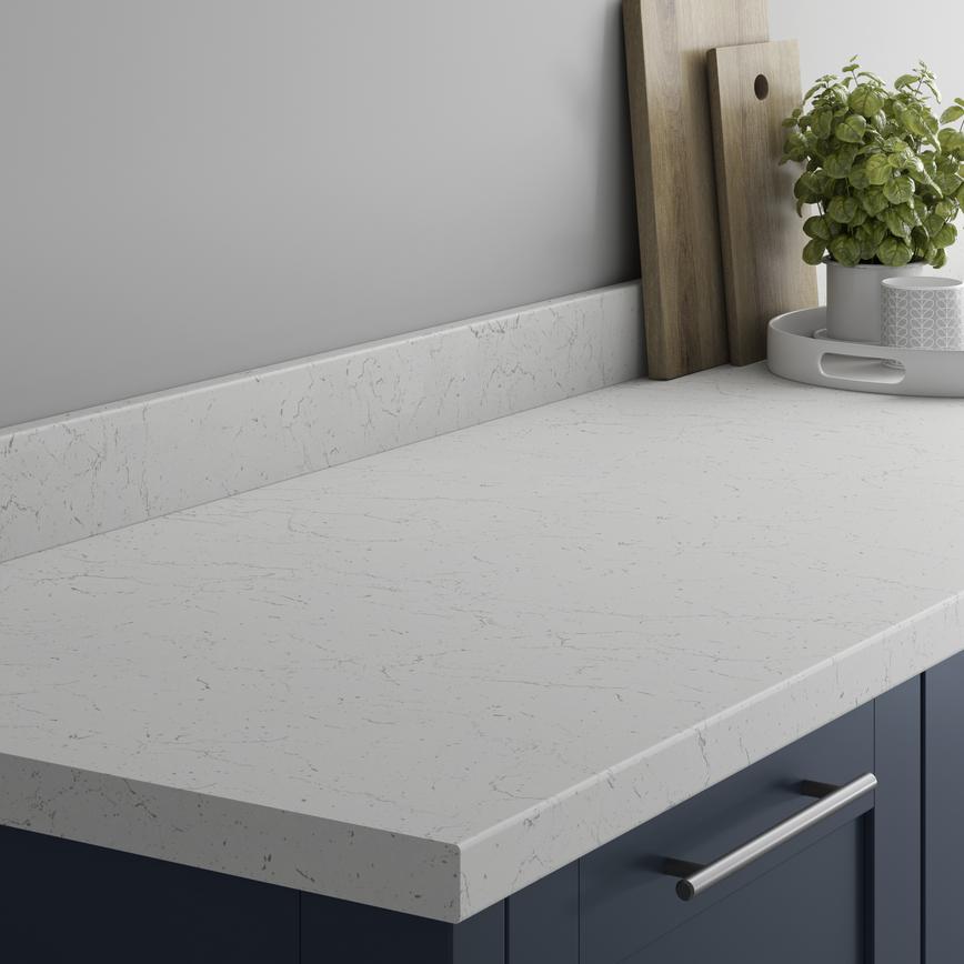 Howdens 3m x 38mm Bullnose White / Grey Marble Effect Laminate Worktop
