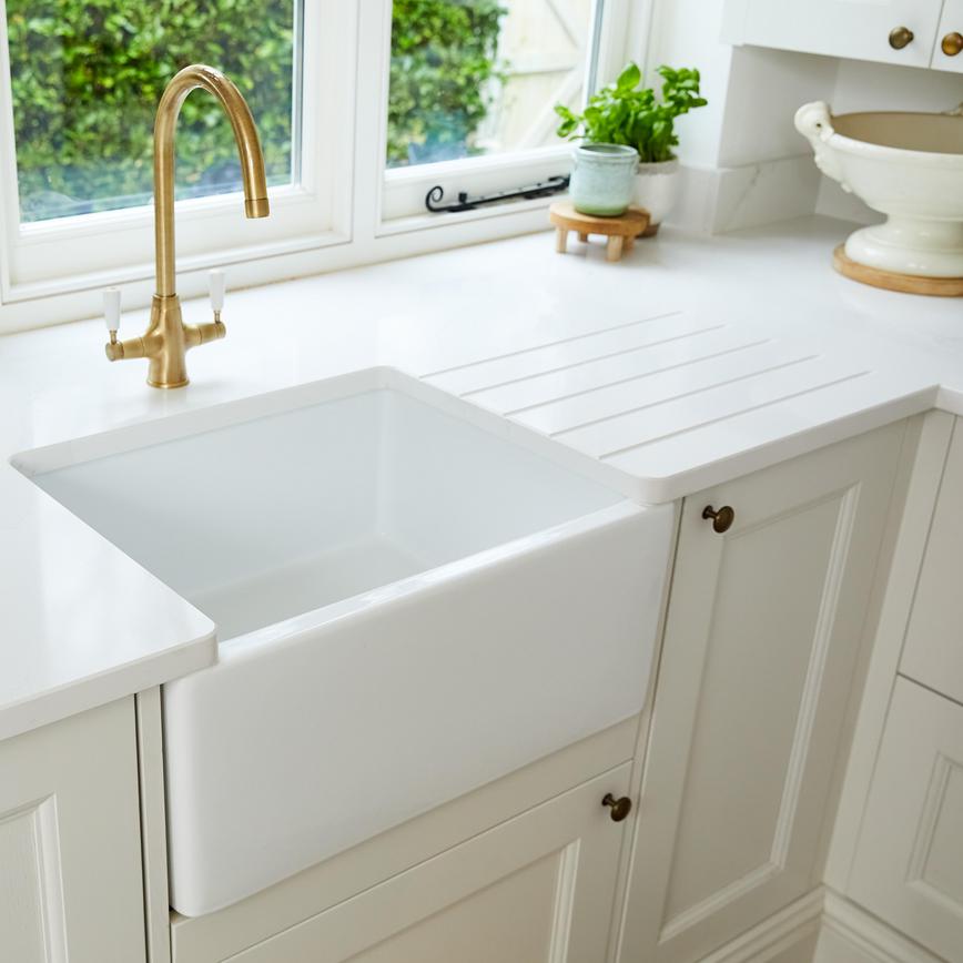 Bespoke Silestone 20mm Eternal Calacatta Gold Quartz Worktop With Undermount Sink and Brass Tap