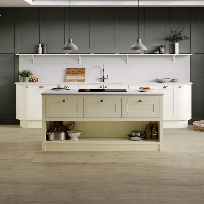 Howdens Light White Oak Engineered Flooring in a Tewkesbury Antique White Kitchen Set