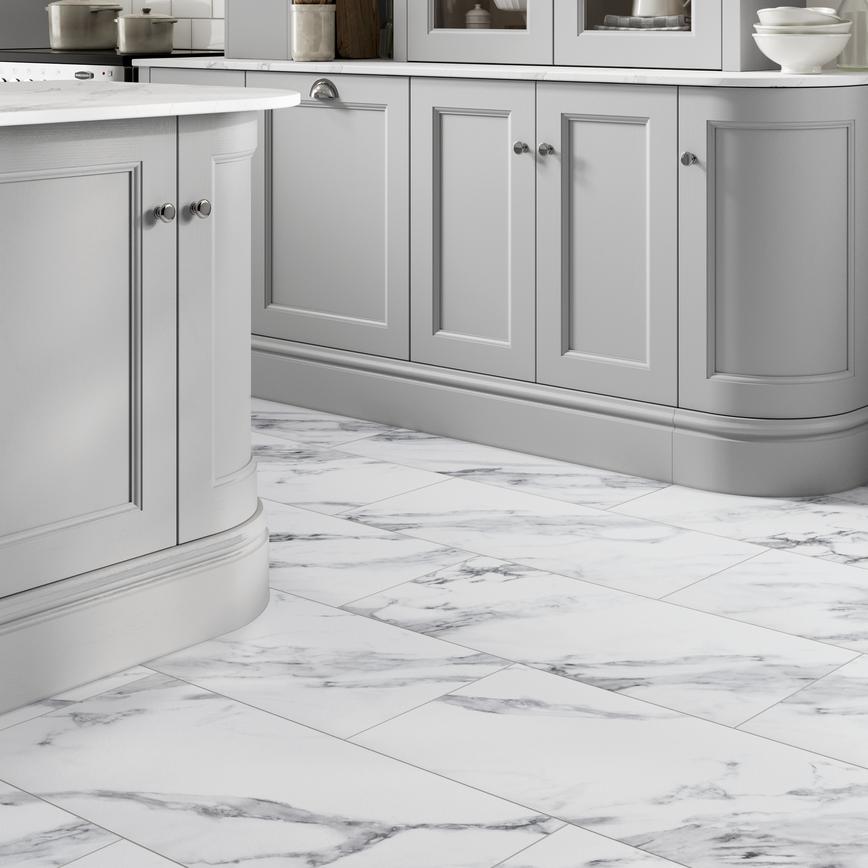 Oake and Gray White Marble XL Luxury Rigid Vinyl Flooring with Integrated Underlay 2.62m² Pack in Howdens Kitchen