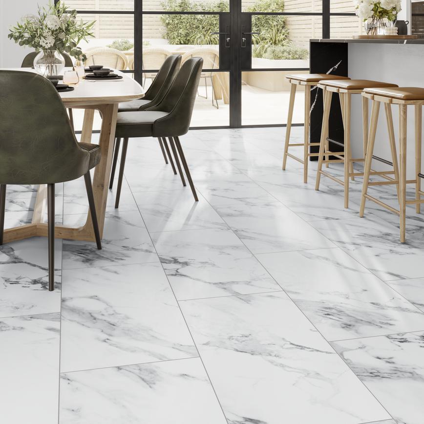Oake and Gray White Marble XL Luxury Rigid Vinyl Flooring with Integrated Underlay 2.62m² Pack in Howdens Kitchen