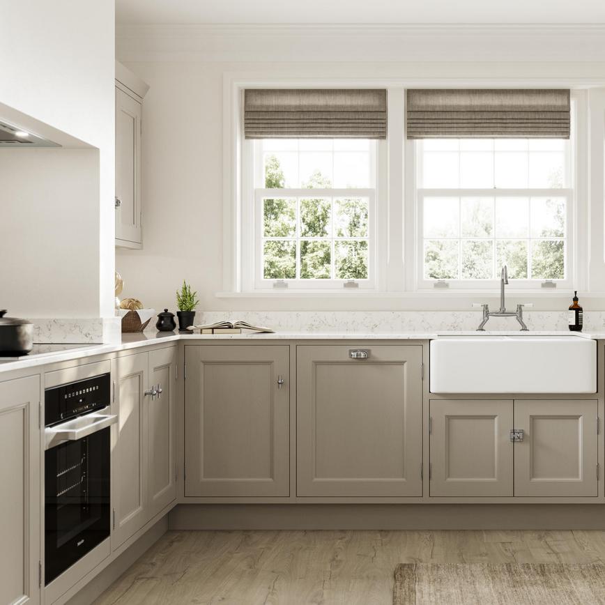 Quick-Step Hydro Wood Grain Effect Light Oak Laminate Flooring in an Elmbridge Pebble In Frame Kitchen Set