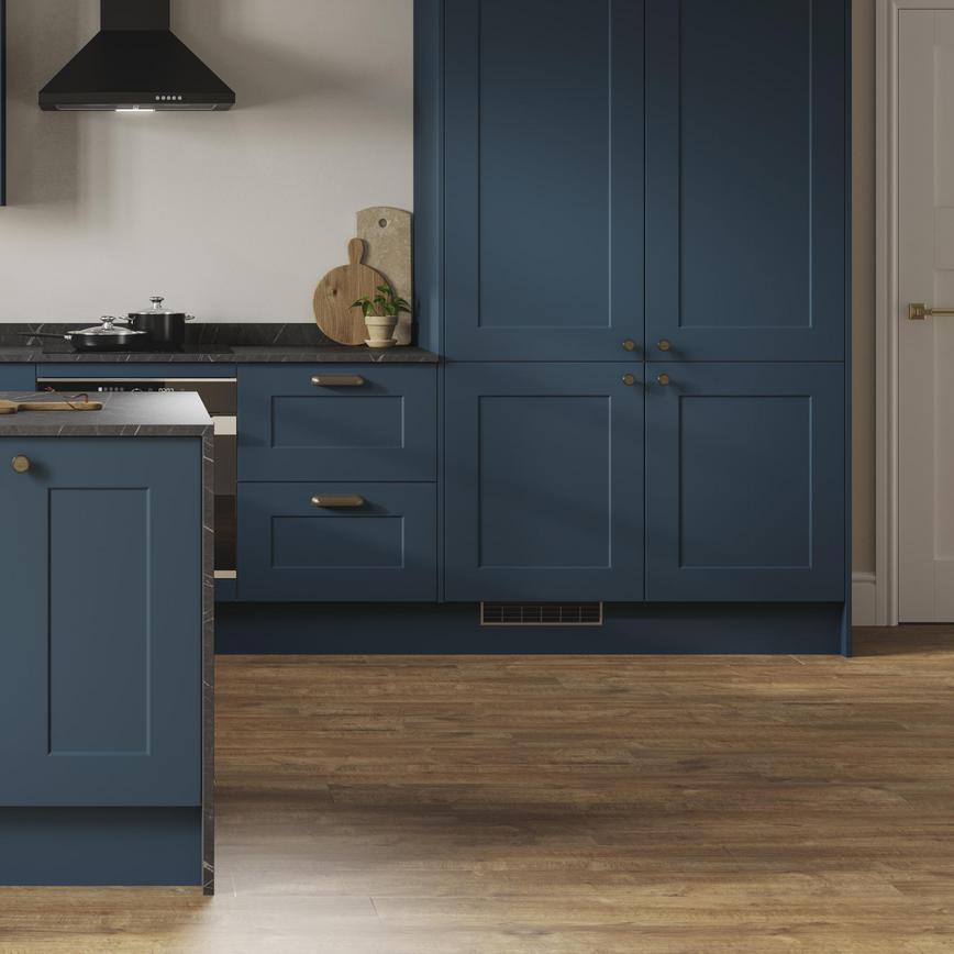 Howdens Premium Professional V Groove Rustic Oak Laminate Flooring in a Chelford Marine Blue Kitchen Set