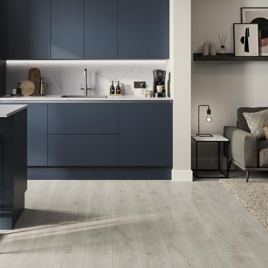 Howdens Premium Professional V Groove Pastel Grey Laminate Flooring in a Greenwich Marine Blue Handleless Kitchen Set