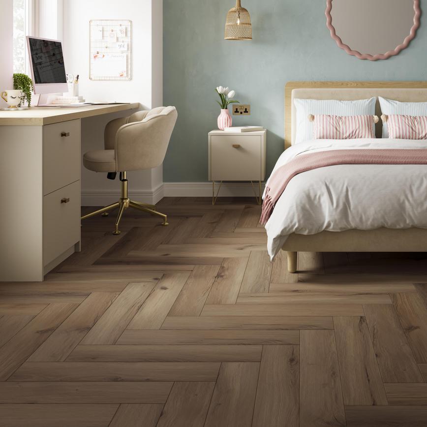 Warm Oak Herringbone Teen Bedroom
