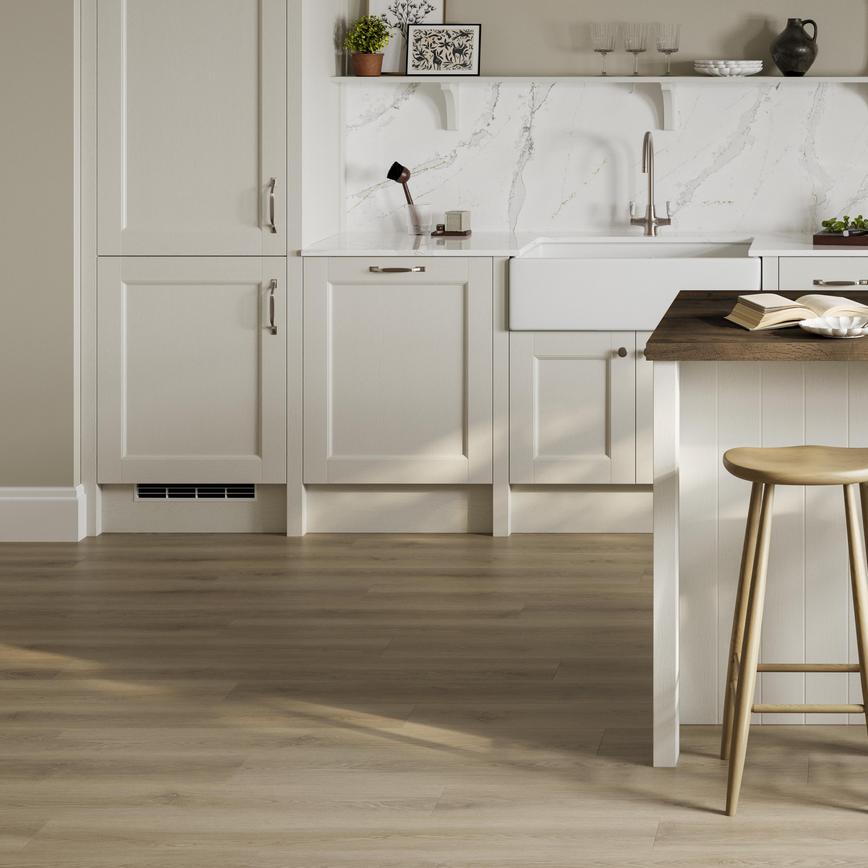 Howdens Professional Light Oak Luxury Rigid Vinyl Flooring in a Bridgemere Porcelain Kitchen Set