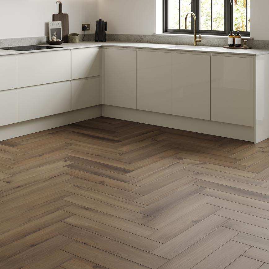 Warm Oak Herringbone In Howdens Kitchen