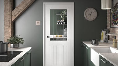 Howdens Holdenby 6'6" x 2'6" White Primed Clear Glazed Door & Howdens 4.2m x 120mm Stepped White MDF Skirting Board