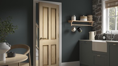 Rockingham Oak 4 Panel Door, Mitred Lecco Door Handle, Howdens 4.2m x 200mm Stepped White Skirting Board