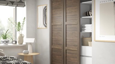Shaker Walnut Panelled 610mm x 2225mm Sliding Wardrobe Door Open