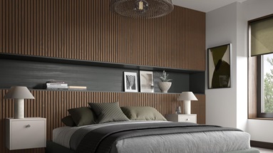 Acoustic Wall Panelling Walnut in a Bedroom