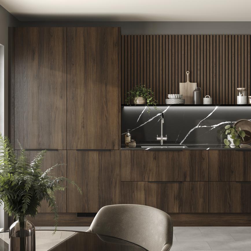 Acoustic Wall Panelling Walnut Kitchen