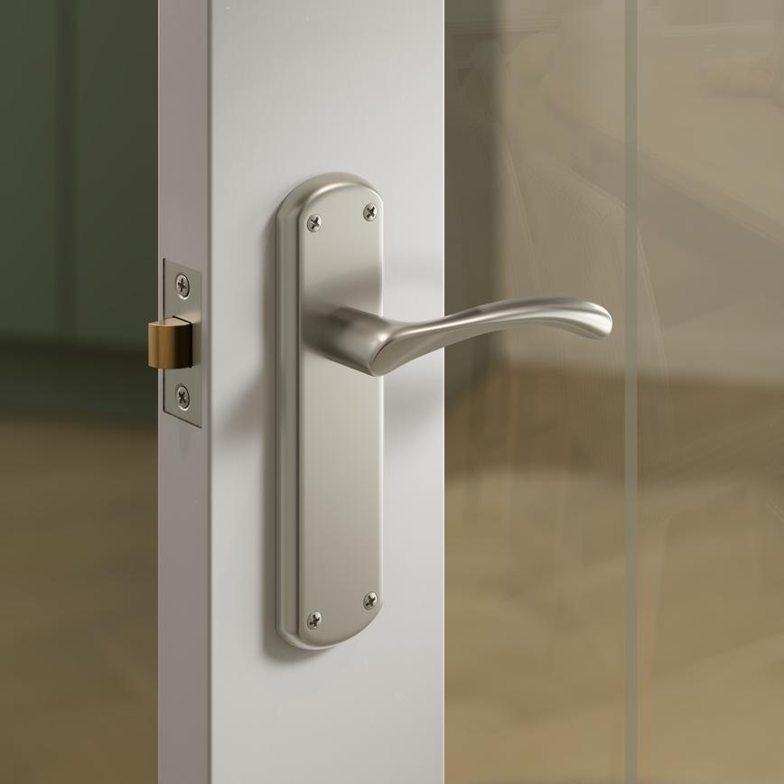 Fuller and Forge Garda Satin Nickel Lever on Backplate Latch Door Handle Pair Situational Image