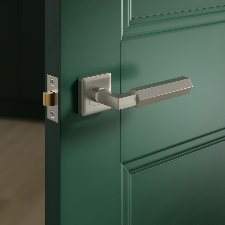 Fuller and Forge Tanaro Satin Nickel Hexagonal Lever on Rose Door Handle Pair Situational Image