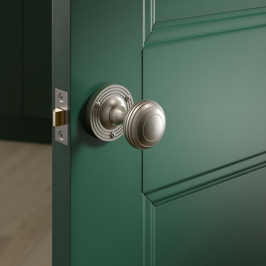 Fuller and Forge Beehive 62mm Ringed Round Mortice Knob on Rose Pair Situ