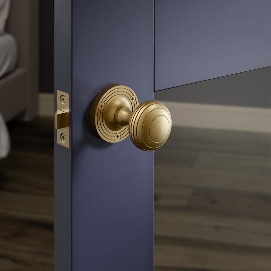 Fuller and Forge Beehive 62mm Ringed Round Mortice Knob on Rose Pair and Tubular Mortice Latch Situ