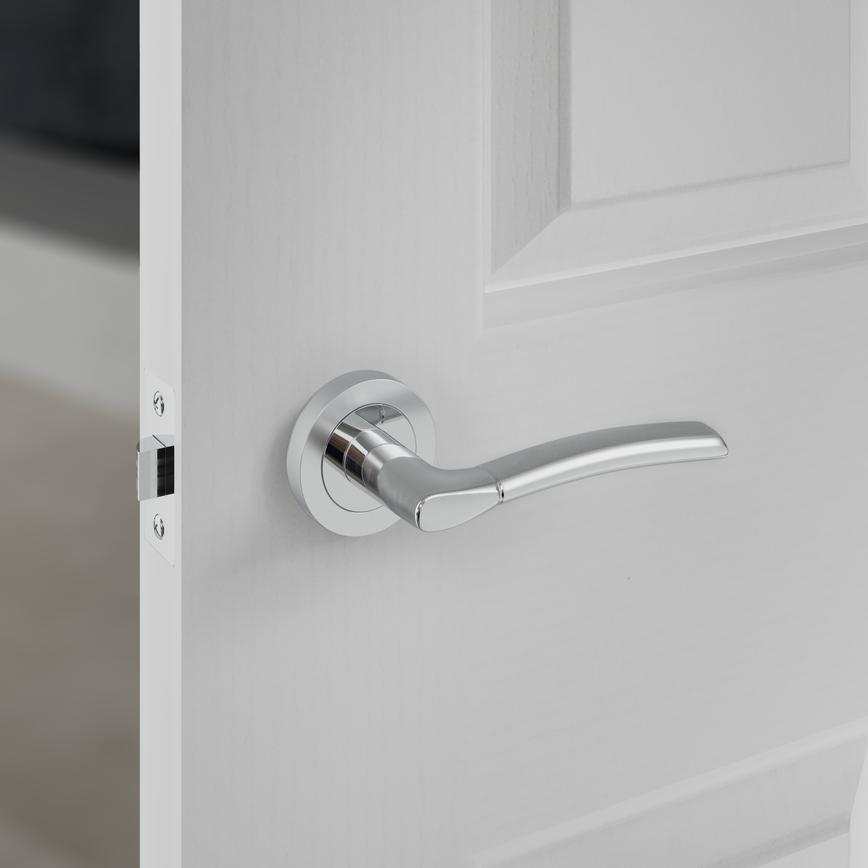 Newington Dual-Tone Chrome Lever on Rose Fire Rated Door Handle Pack