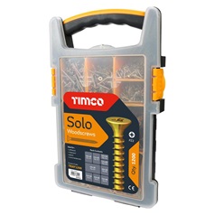 A box with a handle, divided into multiple sections for different sizes of SOLO woodscrews