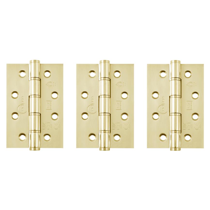 Eclipse Polished Brass 102mm x 76mm Light Duty Grade 7 Washered Fire Rated Butt Hinge Pack of 3