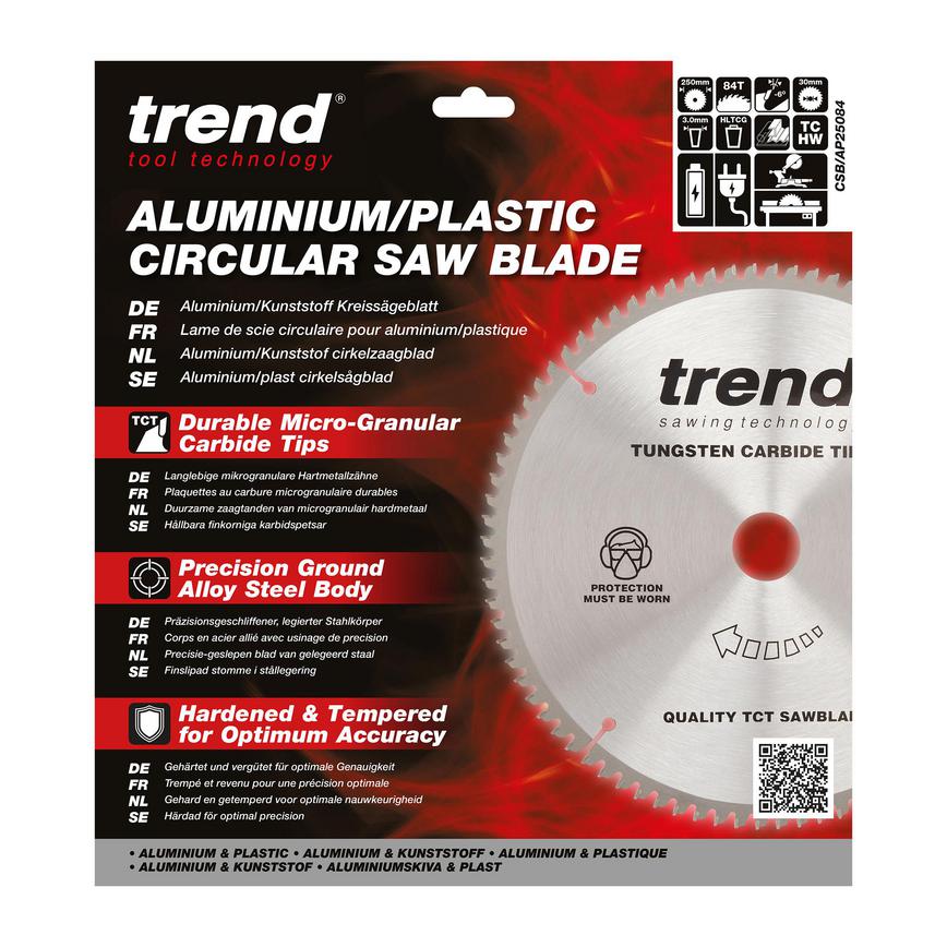 Trend 250mm x 30mm 84T Multi Material Mitre Saw Blade Packaging