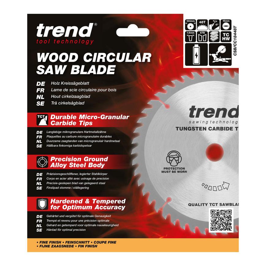 TLS0714 Trend 184mm x 16mm 48T Hardwood Cordless Mitre Saw Blade Packaging