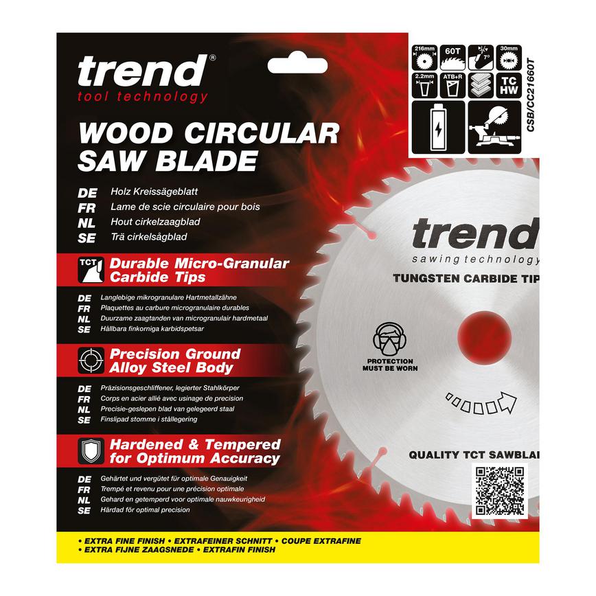 TLS0719 Trend 216mm x 30mm 60T Hardwood Cordless Mitre Saw Blade Packaging