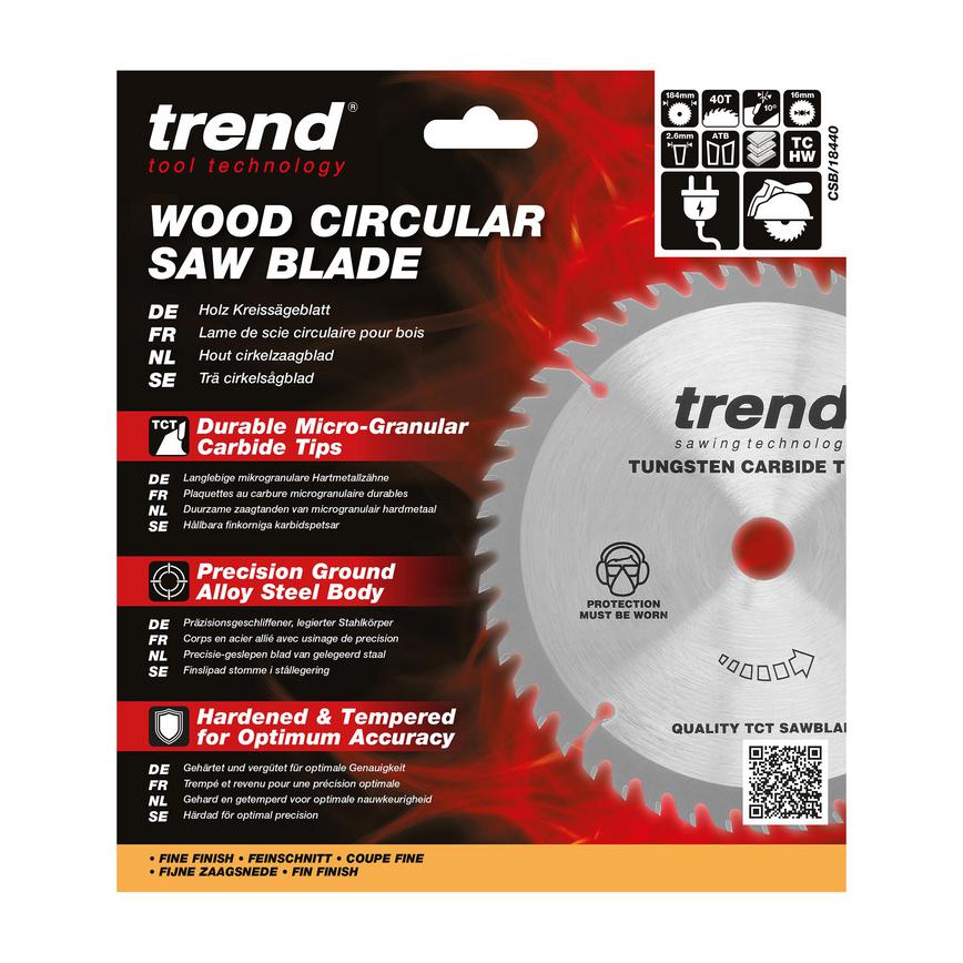 TLS0726 Trend 184mm x 16mm 40T Hardwood Circular Saw Blade  Packaging