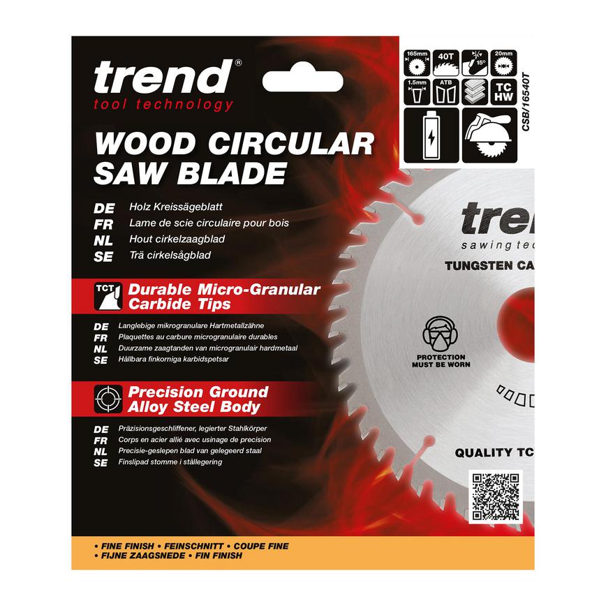 TLS0727 Trend 165mm x 20mm 40T Hardwood Cordless Circular Saw Blade Packaging