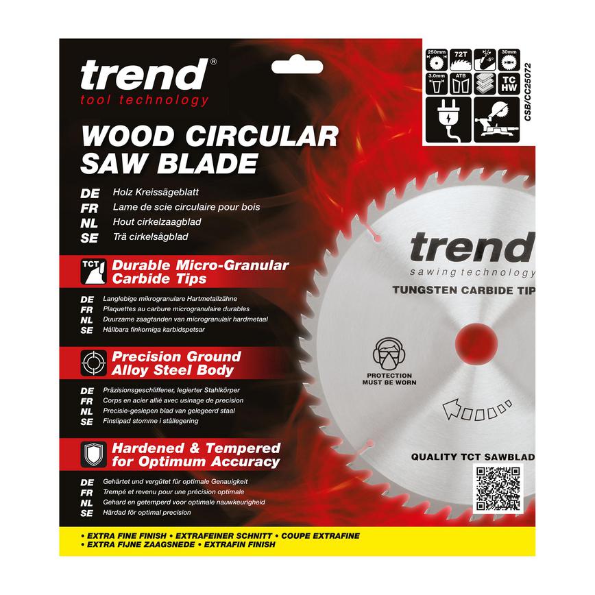 Trend 250mm x 30mm 72T Hardwood Mitre Saw Blade Packaging