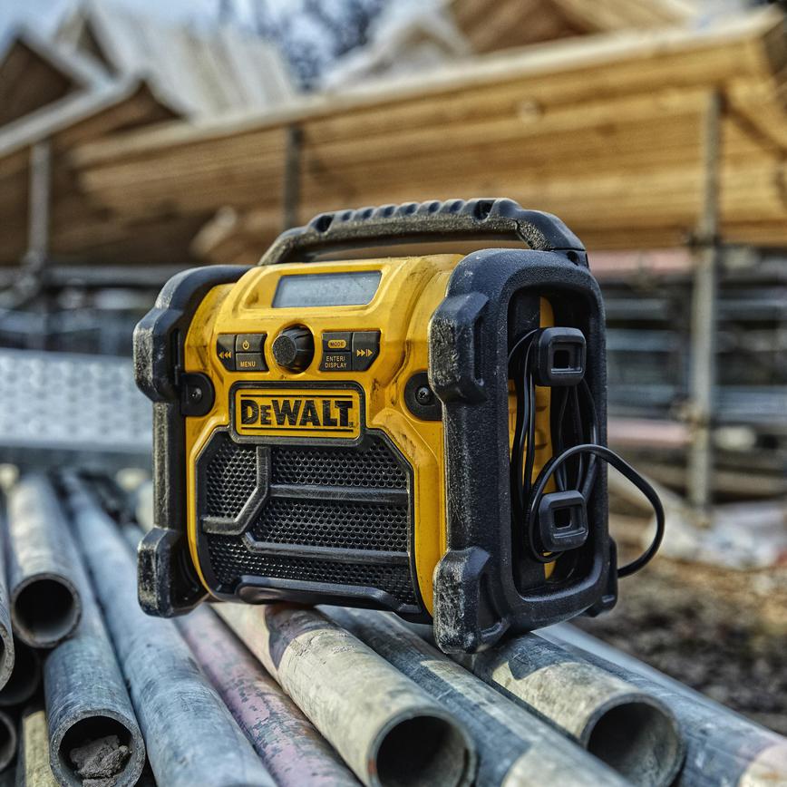 DeWalt DCR020-GB XR Compact Digital Radio On Work Site