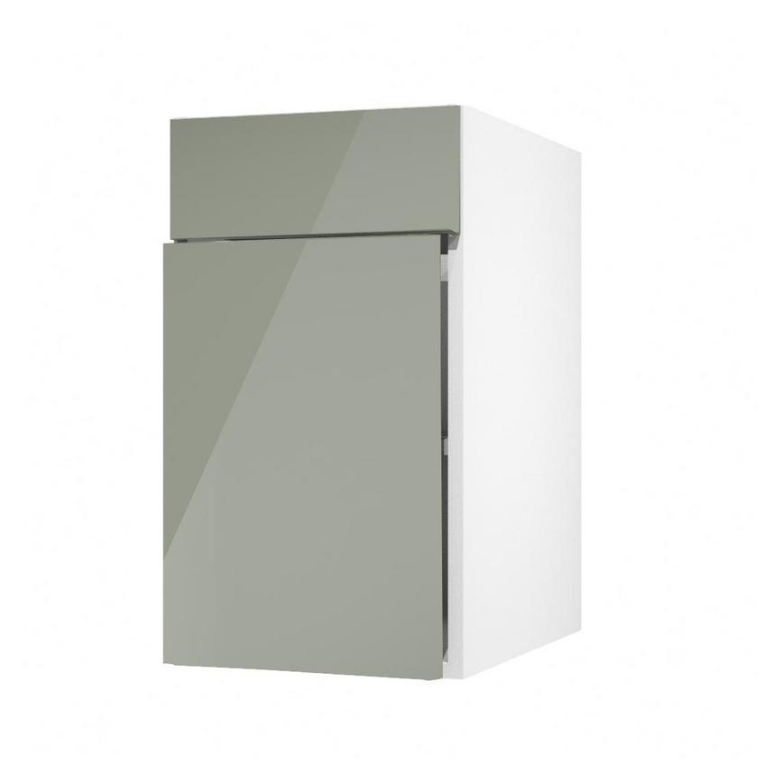 Hockley Mirror Gloss Reed Green 400mm x 557mm Door Front Shown Open at an Angle as Part of a Door and Drawer Unit