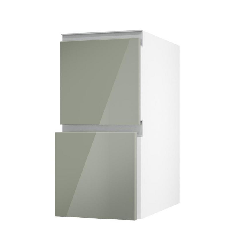 Hockley Mirror Gloss Reed Green 350mm x 342mm Pan Drawer Front Shown with Drawer Open Angled as Part of a Full Drawer Unit