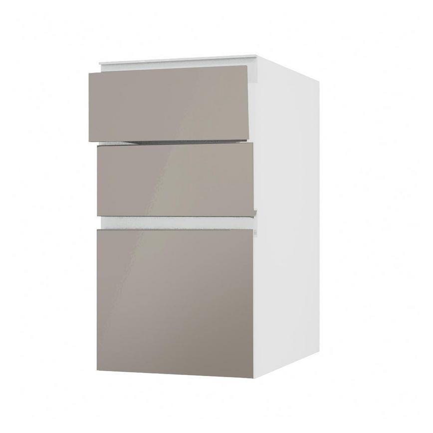 Hockley Mirror Gloss Sand Grey 400mm x 170mm Drawer Front Shown Open at an Angle as Part of a Drawer Unit