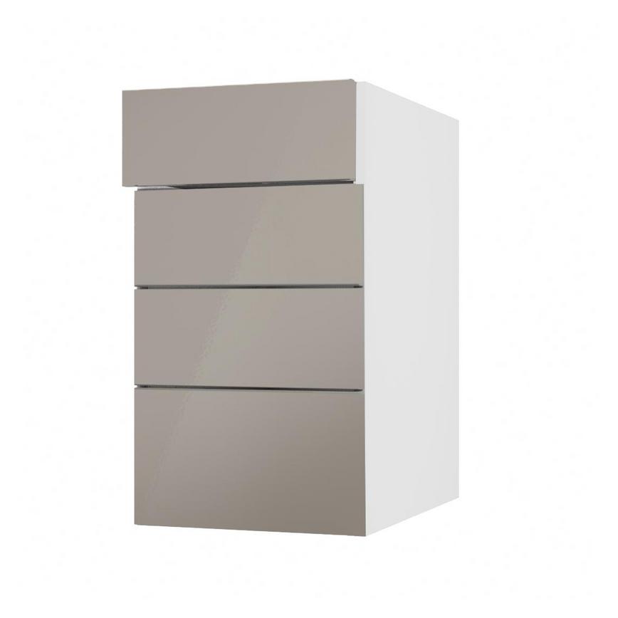 Hockley Mirror Gloss Sand Grey 400mm x 160mm Drawer Front Shown with the Top Drawer Open at an Angle as Part of a Full Drawer Unit
