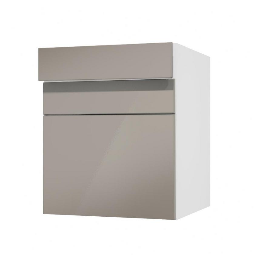Hockley Mirror Gloss Sand Grey 600mm x 394mm Pan Drawer Shown with the Drawer Open at an Angle as Part of a Drawer Unit