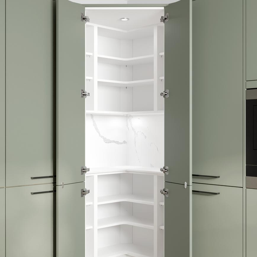 White 2061mm x 80mm Corner Walk In Larder Rail Pack of 6 And Walk In Corner Larder Top Panel Door Open Unstocked
