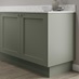 Reed green 15mm continuous plinth fitted with base cabinet and white worktop