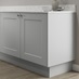 Dove grey 15mm MFC continuous plinth fitted with base cabinet and white worktop