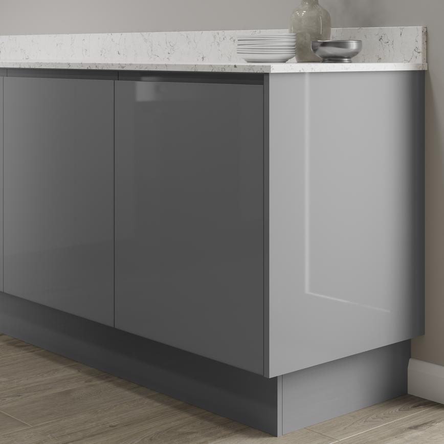 Gloss slate grey 16mm continuous plinth 2.75m fitted with base cabinet and white worktop