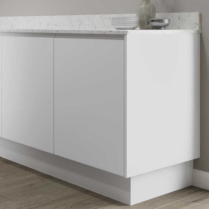 Matt white 16mm continuous plinth 2.75m fitted with base cabinet and white worktop