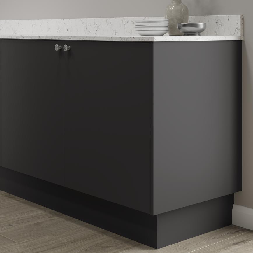 Hockley super matt charcoal continuous MDF plinth 3m fitted with base cabinet and white worktop